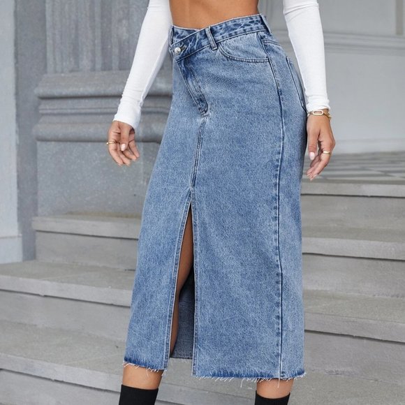 Medium Wash Casual Womens High Waist Split Hem Denim Skirt - Picture 4 of 4